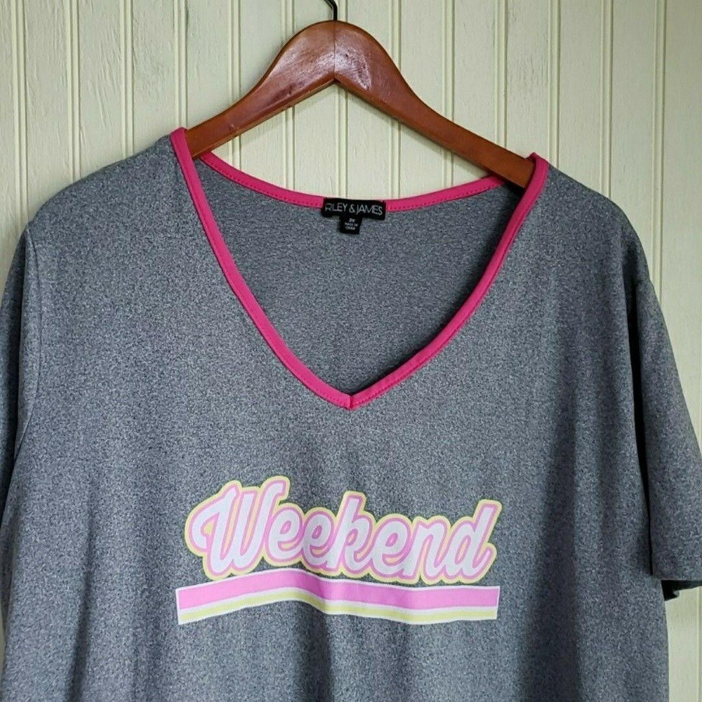 Riley & James Shirt Womens Plus 2X Gray V Neck Short Sleeve Weekend Top